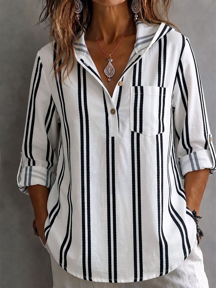 EMERY ROSE Plus Size Women's Striped V-Neck Long Sleeve Hooded Casual Shirt, Designed For Autumn/Winter, Vacation, Outings, Commuting And Other Occasions - Multicolor - View 1