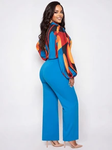 Poshavie Poshavie Setelan 2 Potong untuk Wanita dengan Blus Motif Blok Warna dan Celana Panjang Lebar - Biru - View 2