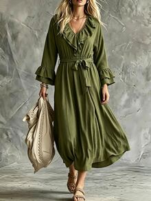 SHEIN Women's Solid Color Ruffle Collar Flare Sleeve Waist Tie Elegant Dress - Green - View 1