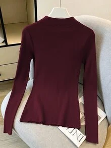 Linhara CURVE Plus Size Women's Solid Color Casual Daily Long Sleeve Sweater - Burgundy - View 4