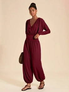 Travachic Women's Solid Color V-Neck Pleated Elegant Long Sleeve Jumpsuit - Red - View 6