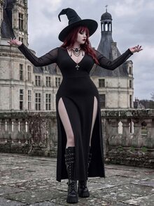 Whyspr Dark Gothic V-Neck Mesh Long Sleeve Sexy High Slit Dress Knit - Black - View 1