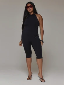 MUSERA Plus Size Black Highneck Bodycon Capri Unitard Jumpsuit Spring Summer Casual Everyday Day Outfit Going Out - Black - View 2