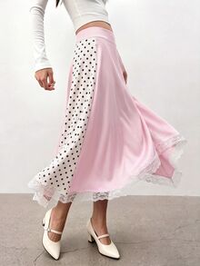 Lumivelle Women's Sweet Polka Dot Print Contrast Lace Trim Asymmetrical Skirt - Pink - View 6