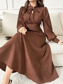 Feyla Women's Solid Color Collar Button Design Long Sleeve Elegant Midi Dress - Brown - View 2