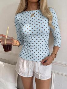 SHEIN EZwear 休閒極簡風 95% 棉 性感露肩復古波點 3/4 袖短袖 T-shirt，適合春夏，春夏穿搭顯白，夏季上衣，適合日常通勤、夏天、聖誕節、新年、感恩節、派對、婚禮、海灘、畢業典禮，時尚 - 彩色 - 查看 6