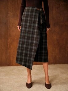 MOTF PREMIUM WOMEN'S COMMUTER ASYMMETRIC PLAID SKIRT - Coffee Brown - View 4