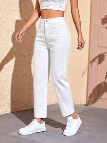 SHEIN PETITE Women's Casual Daily Denim Long Pants With Pockets And Buttons - White - View 4