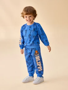 Blippi X SHEIN 小男孩圓領條紋字母印花衛衣與長褲套裝 - 藍色 - 查看 4