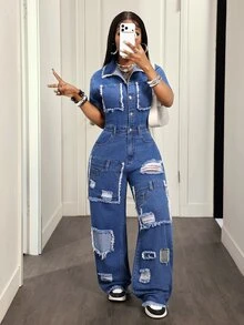 SHEIN Tall Women's Short Sleeve Raw Edge Single-Breasted Distressed Wide Leg Denim Jumpsuit - White - View 4