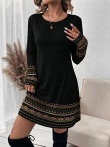SHEIN LUNE فستان قصير نسائي مطبوع بأكمام طويلة مع حافة أساور وحاشية مزخرفة للخريف - متعدد الألوان - مشاهدة 6