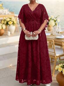 Fleurora Plus Size V-Neck Short Sleeve A-Line High Waist Dress - Burgundy - View 1