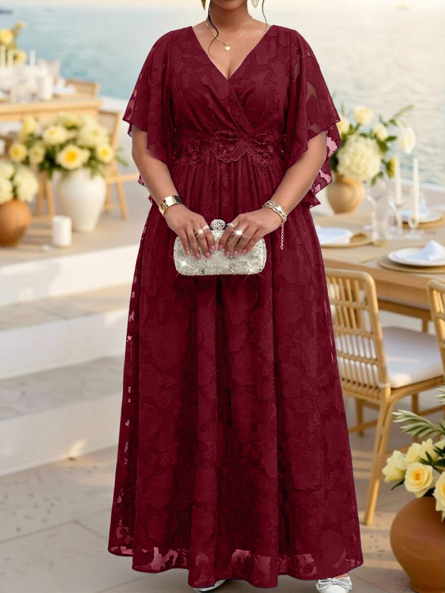 Fleurora Plus Size V-Neck Short Sleeve A-Line High Waist Dress - Burgundy - View 1