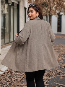 Chikora Plus Size Women's Houndstooth Lapel Neck Long Sleeve Double-Breasted Blazer - Brown - View 4