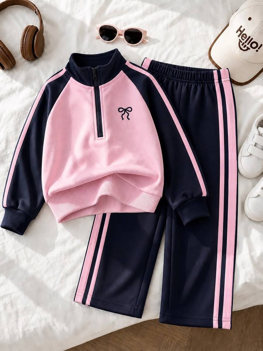 SHEIN 2件組幼女運動衫運動長褲套裝,可愛米色棕色蝴蝶結刺繡條紋飾邊半拉鍊長袖立領休閒款返校秋季套裝 - 彩色 - 查看 1