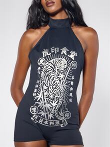 MUSERA Black Graphic Halterneck Playsuit Unitard Fall Winter Halloween Sexy Going Out Y2k - Black - View 5