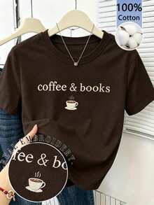INAWLY Fashion Casual Crew Neck Embroidered With Coffee & Books, Real Embroidery Women's T-Shirt - Brown - View 3