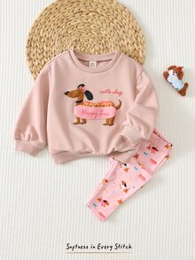 Cozy Pixies 女嬰連帽衫與運動衫套裝，針織運動衫套組，兒童泡泡印花臘腸狗圓領長袖上衣與全印花下身，修身版型，柔軟舒適可愛風格，適合初秋、秋季與冬季 - 粉色 - 查看 5