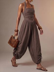 Zivah Women's Halter Neck Backless Tie Back Wide Leg Drawstring Jumpsuit - Coffee Brown - View 5