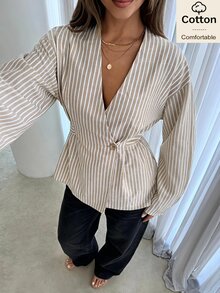 Siren Gaze Women's Casual Button Waist Cinched Striped Blazer Jacket - Multicolor - View 7
