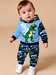 兒童嬰兒/幼兒連帽長袖加厚抓絨運動衫休閒舒適套裝，經典卡通酷炫印花，適合秋冬 - 彩色 - 查看 2