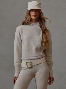 MUSERA Beige Asymmetric Knitted Button Through High Neck Batwing Jumper Fall Winter Everyday Causal Going Out Cool Girl Festival Forces - Apricot - View 1