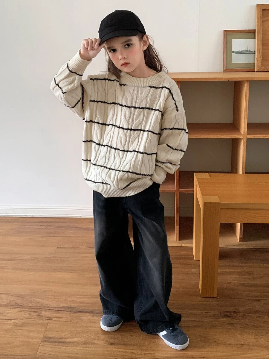 DAZY Tween Girl) Round Neck Casual Cable Knit Striped Colorblock Cute Stylish Loose Sweater - Apricot - View 1