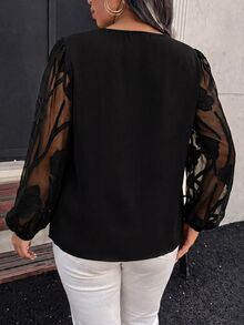 Reflora Plus Size Women's Mesh Patchwork Casual Daily Wear Blouse - Black - View 2