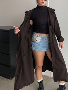 POPSWAY Plus Size Long Sleeve Hooded Jacket With Front Zipper Pockets And Drawstring Waist Fall - Coffee Brown - View 6
