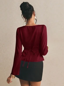 Poéselle Women's Solid Color Bowknot Decor Flare Sleeve Top - Burgundy - View 8