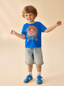 Blippi X SHEIN تي شيرت مطبوع بياقة دائرية وأكمام قصيرة للأولاد الصغار - الأزرق - مشاهدة 3