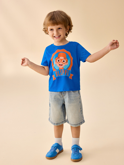 Blippi X SHEIN T-shirt de manga curta com gola redonda e estampado para rapaz jovem