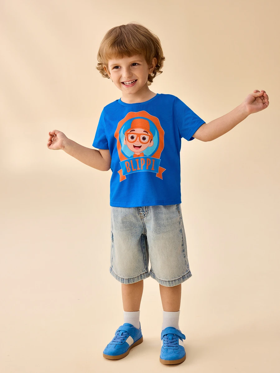 Blippi X SHEIN Young Boy Round Neck Short Sleeve Printed T-Shirt - Blue - View 1