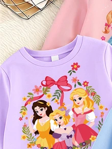 SHEIN 3套少女秋季公主卡通印花圓領長袖衛衣與內搭褲套裝，粉色紫色藍色，卡通可愛日常穿著 - 彩色 - 查看 4