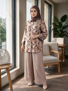 SHEIN Lady CURVE Plus Size Women's Botanical Print Long Sleeve Shirt And Pants Casual 2 Pieces Set - Beige - View 5