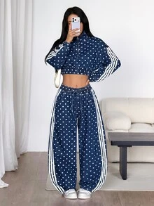 Muchica 女款休閒寬鬆弧形腿條紋牛仔褲，秋冬女裝，運動休閒百搭時尚牛仔褲，派對，秋季穿搭 - 藍色 - 查看 5