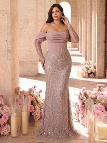 Glamrae Plus Size Elegant Luxurious Beaded Sequin Embroidered Lace Bubble Patchwork Elastic Knit Ruched Mermaid Skirt With Puff Sleeves, Suitable For Wedding Events, Bachelorette Party, Vacation, Ball, Evening Gown (Heavy Workmanship Style) - Dusty Pink - View 6