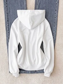 Girlism 青少年女孩秋冬新款基礎街頭風休閒白色純色針織小Logo刺繡圖案拉鍊連帽修身運動外套，返校季 - 白色 - 查看 2