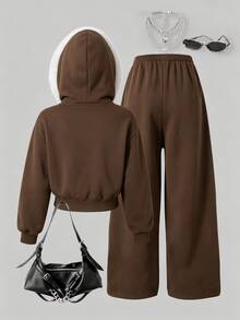 SHEIN Casuvi Kids 女童 2 件組秋冬外套套裝，毛茸茸毛領連帽拉鍊短版修身夾克，附蝴蝶結刺繡，搭配蝴蝶結刺繡寬腿長褲，美觀優雅街頭運動風穿搭 - 彩色 - 查看 2