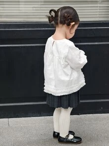 DAZY Infant/Toddler (Girl) Round Neck Long Sleeve Solid Color Spring/Autumn Korean Style Top - White - View 2
