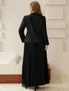 Roveilla Plus Size Elegant Commuter Blazer Sun Pleated Skirt 2 Pieces Set Dinner Formal Black Winter - Black - View 2