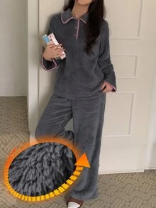 DAZY طقم بيجامة نسائي كاجوال للاستخدام اليومي والمنزلي بتصميم ألوان متباينة، ملابس علوية بأكمام طويلة وبنطلون - رمادي - مشاهدة 3