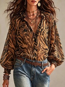 Trelyra Women's All-Over Print Casual Versatile Daily Wear Shirt - Brown - View 4