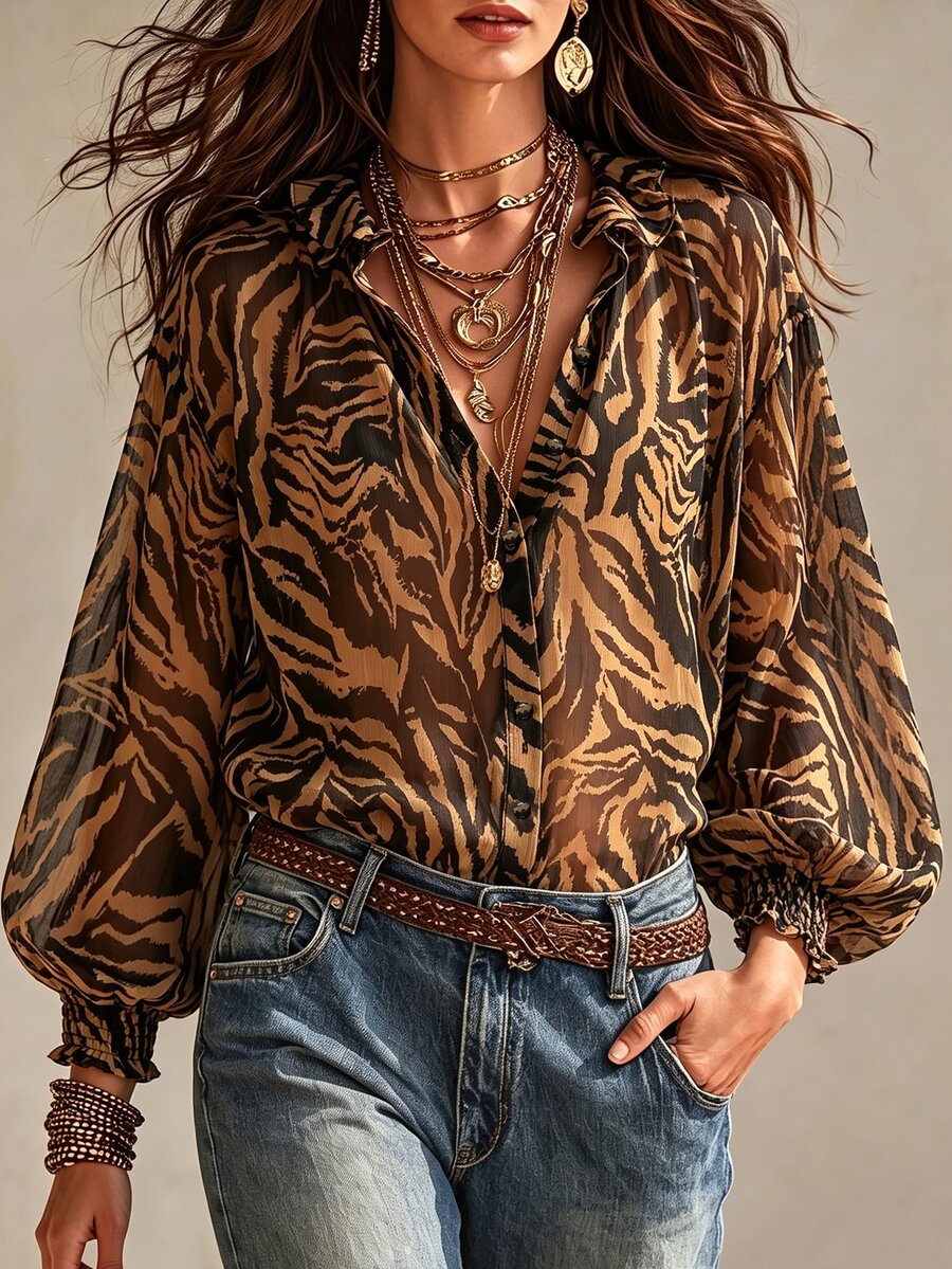 Trelyra Women's All-Over Print Casual Versatile Daily Wear Shirt - Brown - View 1
