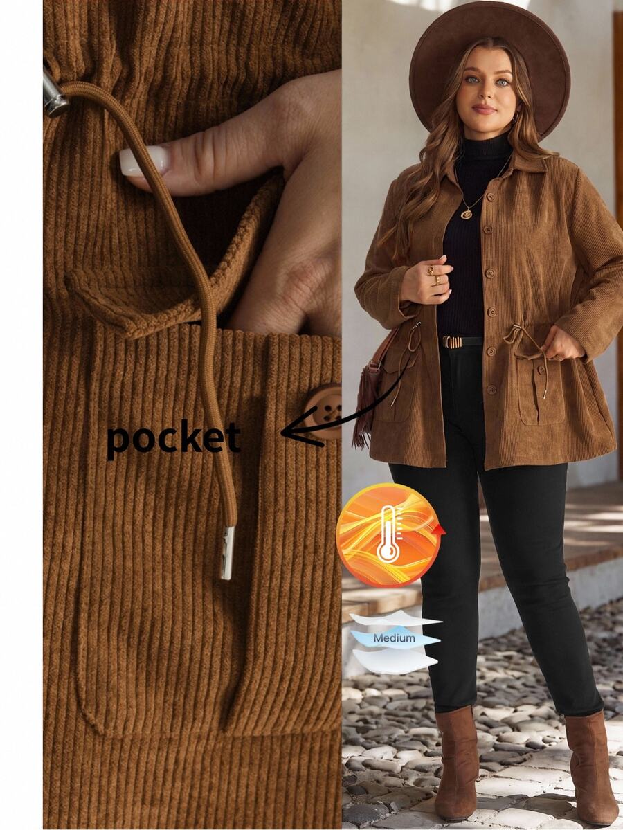EMERY ROSE Plus Drawstring Waist Button Front Coat - Brown - View 1
