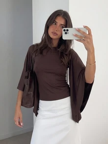 Siren Gaze Women's Solid Color Elegant Round Neck Draped Bell Sleeve Blouse - Brown - View 8