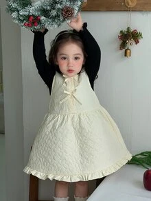 DAZY Infant (Girl) Round Neck Quilted Cotton Korean Style Solid Color Dress - Apricot - View 3