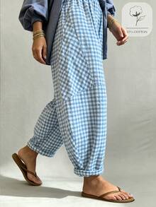 SHEIN PETITE Women's Spring/Autumn 2026 New Bohemian Vintage Blue Plaid Loose Lantern Balloon Pants, Cropped Length, Cotton Blend Textured Bubble Plaid Fabric; Elastic Waist Design Fits Various Body Types, Loose Lantern Silhouette Casual And Relaxed, Rolled Hem Cuffs Add Detail And Layering, Suitable For Daily Wear, Casual Outfits, Lazy Vacation - Blue - View 5