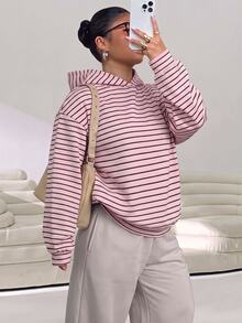 Solflare Plus Size Women's Striped Casual Daily Wear Hooded Sweatshirt - Multicolor - View 5