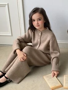 DAZY Tween Girls Stand Collar Casual Long Sleeve Autumn/Winter Sweater Top + Straight Leg Knitted Pants 2 Pieces Sweater Set - Apricot - View 2